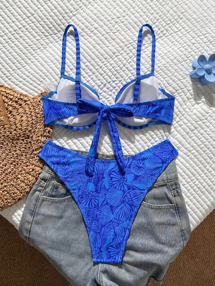 Swim Mod Women's New 2 Pieces Geometric Print Spaghetti Strap Top And High-Cut Bottom Sexy Bikini Swimwear - Multicolor - View 3