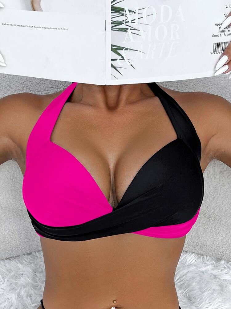 Swim Vcay Colorblock Halter Bikini Top, Vacation Style For Summer - Multicolor - View 3