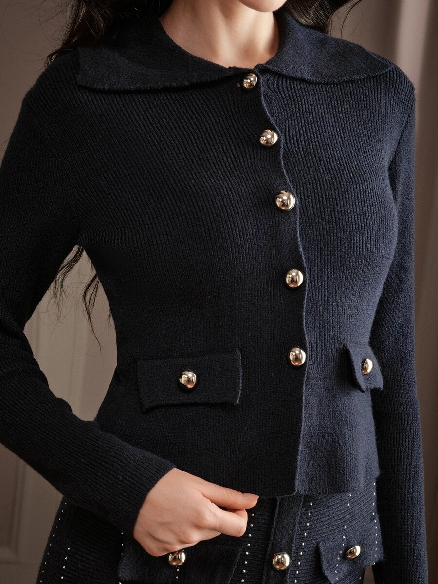 Anewsta Modern Navy Blue Women's Comfortable Versatile Knit Cardigan - Navy Blue - View 1