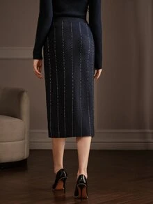 Anewsta Modern Navy Blue Women's Rhinestone Decorated Comfortable Knit Maxi Dress - Navy Blue - View 2