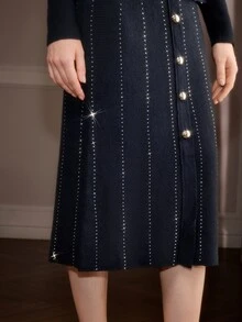 Anewsta Modern Navy Blue Women's Rhinestone Decorated Comfortable Knit Maxi Dress - Navy Blue - View 6