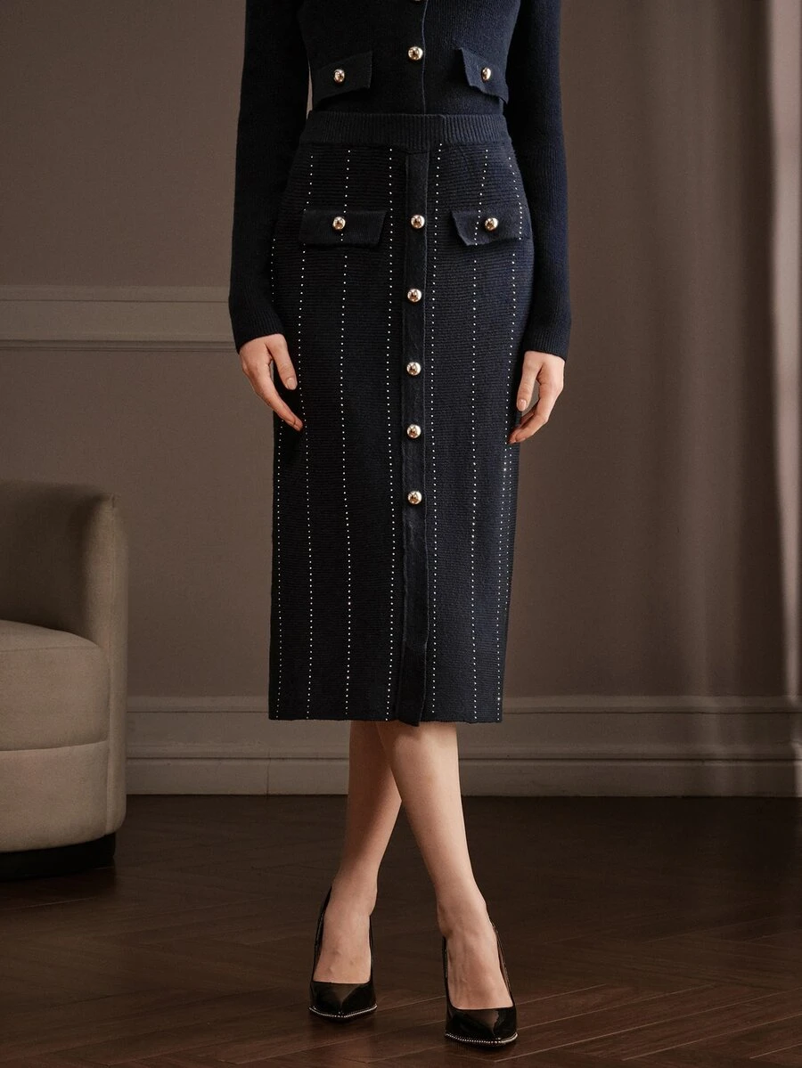 Anewsta Modern Navy Blue Women's Rhinestone Decorated Comfortable Knit Maxi Dress - Navy Blue - View 1