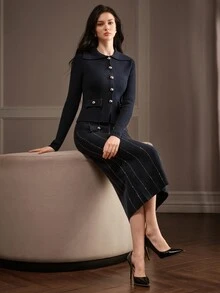 Anewsta Modern Navy Blue Women's Rhinestone Decorated Comfortable Knit Maxi Dress - Navy Blue - View 4