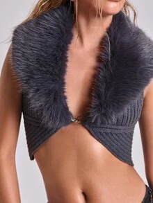 ROMWE Y2K Fuzzy Collar Knit Top Party Club Dark Grey Winter Sexy - Grey - View 8