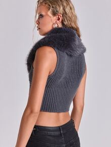 ROMWE Y2K Fuzzy Collar Knit Top Party Club Dark Grey Winter Sexy - Grey - View 5