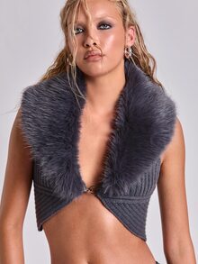 ROMWE Y2K Fuzzy Collar Knit Top Party Club Dark Grey Winter Sexy - Grey - View 4