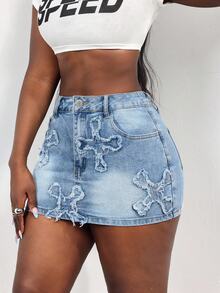 Slaydiva Fall Y2K Sexy A Line Ripped Flower Blue Denim Daily Wear Washed Comfortable Denim Skirt For Women - Light Wash - View 5