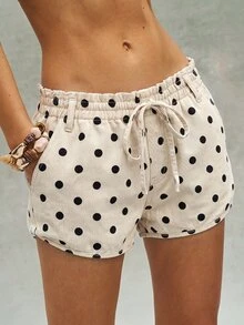 Bohemela Polka Dot Print Paperbag Drawstring Waist Shorts - Apricot - View 7