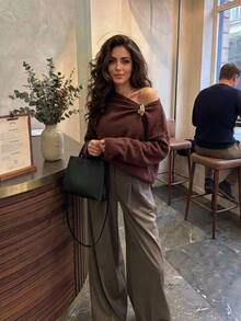 Aloruh Women's Autumn/Winter Metal Decor Loose Sweater - Brown - View 5