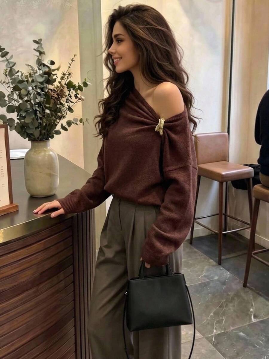 Aloruh Women's Autumn/Winter Metal Decor Loose Sweater - Brown - View 1