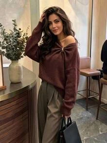 Aloruh Women's Autumn/Winter Metal Decor Loose Sweater - Brown - View 4