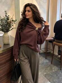 Aloruh Women's Autumn/Winter Metal Decor Loose Sweater - Brown - View 1