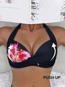 SHEIN Swim 夏季春假新款掛脖式聚攏胸部性感優雅度假海灘泳池派對女款泳衣上衣 - 彩色 - 查看 7