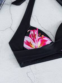 SHEIN Swim 夏季春假新款掛脖式聚攏胸部性感優雅度假海灘泳池派對女款泳衣上衣 - 彩色 - 查看 4