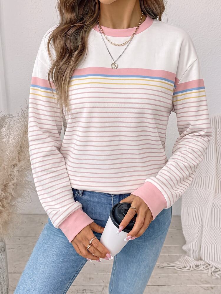 SHEIN LUNE Women's Round Neck Pink Colorblock Striped Sweatshirt, Suitable For Autumn/Winter Back To School Season - White - View 3