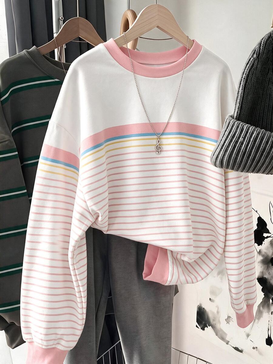 SHEIN LUNE 女款圓領粉色拼色條紋運動衫，適合秋冬返校季