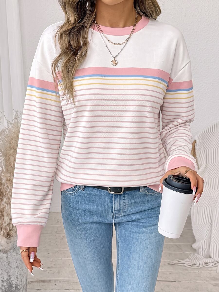 SHEIN LUNE Women's Round Neck Pink Colorblock Striped Sweatshirt, Suitable For Autumn/Winter Back To School Season - White - View 1