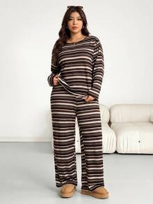 Shapeblank Plus Size Casual Formal Black Crew Neck Long Sleeve Top And Pants 2 Pieces Set, Lounge Sets For Women Autumn Vacation - Multicolor - View 3