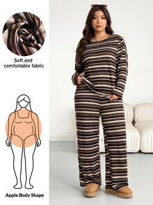 Shapeblank Plus Size Casual Formal Black Crew Neck Long Sleeve Top And Pants 2 Pieces Set, Lounge Sets For Women Autumn Vacation - Multicolor - View 2