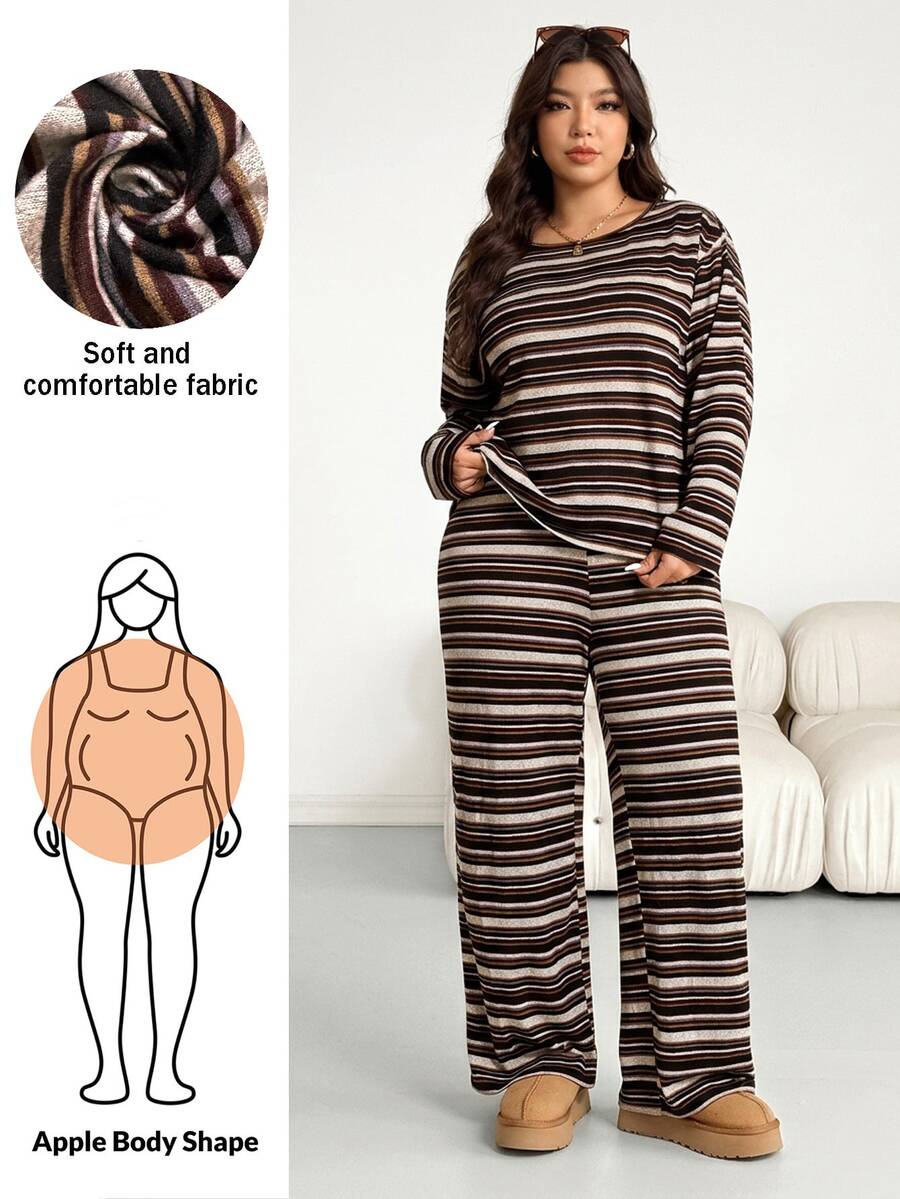 Shapeblank Plus Size Casual Formal Black Crew Neck Long Sleeve Top And Pants 2 Pieces Set, Lounge Sets For Women Autumn Vacation