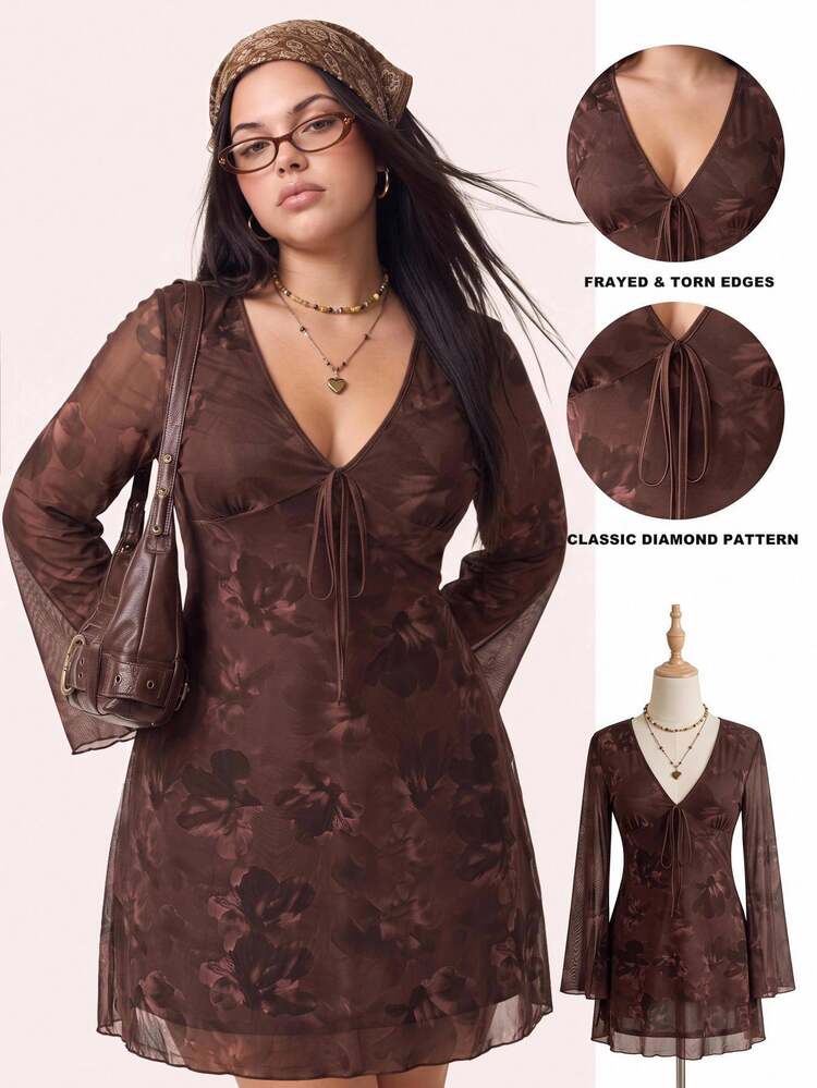 Comfortcana Spring/Summer Tie-Dye Floral Mesh Print Bell Sleeve V-Neck Vacation Casual Plus Size A-Line Dress - Brown - View 1