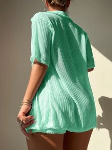 SHEIN Swim 纯色纽扣前盖上衣和短裤套装夏季 - 薄荷綠 - 查看 2