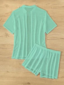 SHEIN Swim 纯色纽扣前盖上衣和短裤套装夏季 - 薄荷綠 - 查看 4