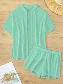 SHEIN Swim 纯色纽扣前盖上衣和短裤套装夏季 - 薄荷綠 - 查看 8