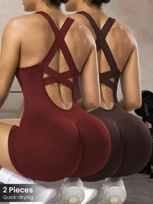 Velisys Velisys 女款交叉肩帶露背無袖彈性修身連身褲 瑜伽健身運動休閒健身服 巧克力棕/酒紅 夏季 - 彩色 - 查看 9