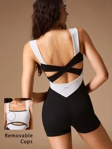 VARSIVA Women's Colorblock Criss-Cross Back Sleeveless Sports Activewear Romper Romper - Black and White - View 2