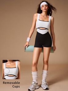 VARSIVA Women's Colorblock Criss-Cross Back Sleeveless Sports Activewear Romper Romper - Black and White - View 12