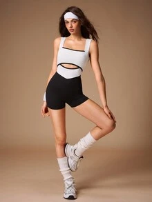 VARSIVA Women's Colorblock Criss-Cross Back Sleeveless Sports Activewear Romper Romper - Black and White - View 11