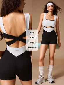 VARSIVA Women's Colorblock Criss-Cross Back Sleeveless Sports Activewear Romper Romper - Black and White - View 3