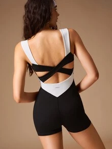 VARSIVA Women's Colorblock Criss-Cross Back Sleeveless Sports Activewear Romper Romper - Black and White - View 10
