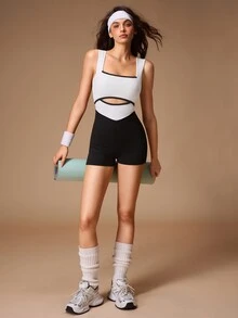 VARSIVA Women's Colorblock Criss-Cross Back Sleeveless Sports Activewear Romper Romper - Black and White - View 5