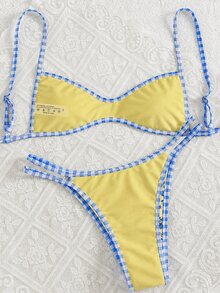 Swim Mod 春夏新款欧美甜美花卉撞色格纹双面两件式泳衣套装，带抽绳，高衩丁字裤，黄色碎花撞色滚边加垫聚拢性感比基尼泳衣，适合海滩、泳池、生日派对等场合。格纹比基尼花朵套装，夏季配套花朵泳衣，度假比基尼，日光浴比基尼，花卉比基尼，黄色比基尼图案比基尼。 - 彩色 - 查看 2