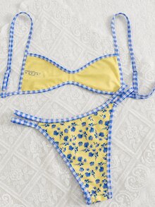 Swim Mod 春夏新款欧美甜美花卉撞色格纹双面两件式泳衣套装，带抽绳，高衩丁字裤，黄色碎花撞色滚边加垫聚拢性感比基尼泳衣，适合海滩、泳池、生日派对等场合。格纹比基尼花朵套装，夏季配套花朵泳衣，度假比基尼，日光浴比基尼，花卉比基尼，黄色比基尼图案比基尼。 - 彩色 - 查看 4