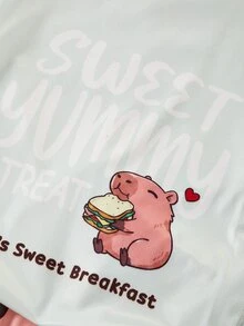 女童夏季短袖上衣與短褲貼身居家服套裝，淺薄荷綠水豚印花上衣 + 全身印花天竺鼠短褲 2 件組，休閒舒適緊身睡衣，適合大齡少女，可愛水豚圖案女童居家服套裝 - 綠色 - 查看 3