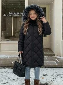 SHEIN معطف قطني مبطن بطول متوسط وأكمام طويلة مع بطانة من الصوف الناعم، معطف مريح ودافئ بلون موحد للخريف/الشتاء للأطفال والفتيات المراهقات - الأسود - مشاهدة 6