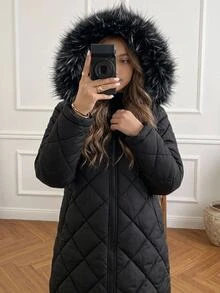 SHEIN معطف قطني مبطن بطول متوسط وأكمام طويلة مع بطانة من الصوف الناعم، معطف مريح ودافئ بلون موحد للخريف/الشتاء للأطفال والفتيات المراهقات - الأسود - مشاهدة 2