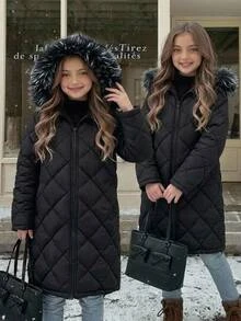SHEIN معطف قطني مبطن بطول متوسط وأكمام طويلة مع بطانة من الصوف الناعم، معطف مريح ودافئ بلون موحد للخريف/الشتاء للأطفال والفتيات المراهقات - الأسود - مشاهدة 7