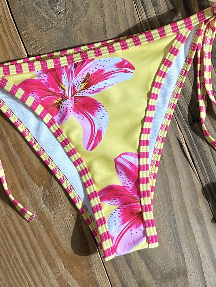SHEIN Swim Women's New Floral Print Halter Neck Backless Top And Tie Side Swim Shorts Sexy Bikini Set Set For Summer Beach Vacation - Multicolor - View 5
