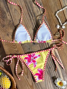 SHEIN Swim Women's New Floral Print Halter Neck Backless Top And Tie Side Swim Shorts Sexy Bikini Set Set For Summer Beach Vacation - Multicolor - View 2