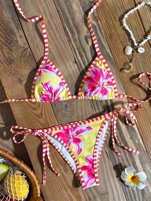 SHEIN Swim Women's New Floral Print Halter Neck Backless Top And Tie Side Swim Shorts Sexy Bikini Set Set For Summer Beach Vacation - Multicolor - View 4