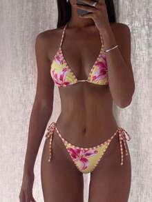 SHEIN Swim Women's New Floral Print Halter Neck Backless Top And Tie Side Swim Shorts Sexy Bikini Set Set For Summer Beach Vacation - Multicolor - View 3