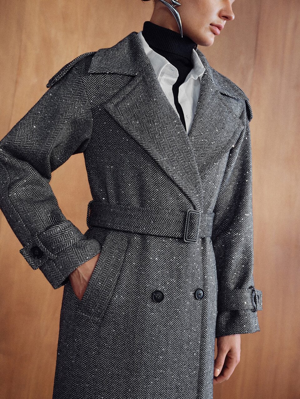 MOTF WOMEN'S AUTUMN/WINTER WOOL HERRINGBONE LONG COAT WITH SEQUINS