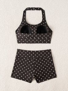 Pariaura U-Shaped Low Neck Halter Tank Top And Shorts Set, Exposing Shoulder And Neck Lines, Backless Design, Breathable. Even Black And White Small Polka Dot Print, Basic Support For Light To Moderate Exercise. V-Shaped Crossover High Waist Design, Front Triangle Pleats, Strong Abdominal Compression, Visually Lengthening Waist And Abdomen. Suitable For Running, Yoga, - Black and White - View 4