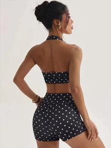 Pariaura U-Shaped Low Neck Halter Tank Top And Shorts Set, Exposing Shoulder And Neck Lines, Backless Design, Breathable. Even Black And White Small Polka Dot Print, Basic Support For Light To Moderate Exercise. V-Shaped Crossover High Waist Design, Front Triangle Pleats, Strong Abdominal Compression, Visually Lengthening Waist And Abdomen. Suitable For Running, Yoga, - Black and White - View 2