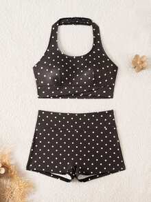 Pariaura U-Shaped Low Neck Halter Tank Top And Shorts Set, Exposing Shoulder And Neck Lines, Backless Design, Breathable. Even Black And White Small Polka Dot Print, Basic Support For Light To Moderate Exercise. V-Shaped Crossover High Waist Design, Front Triangle Pleats, Strong Abdominal Compression, Visually Lengthening Waist And Abdomen. Suitable For Running, Yoga, - Black and White - View 6