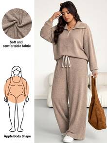 Shapeblank Plus Size Women Solid Color Long Sleeve Half Zip Sweatshirt And Wide Leg Pants Casual 2 Pieces Set Casual Daily Going Out School Sets Women Fall/Winter - Khaki - View 1